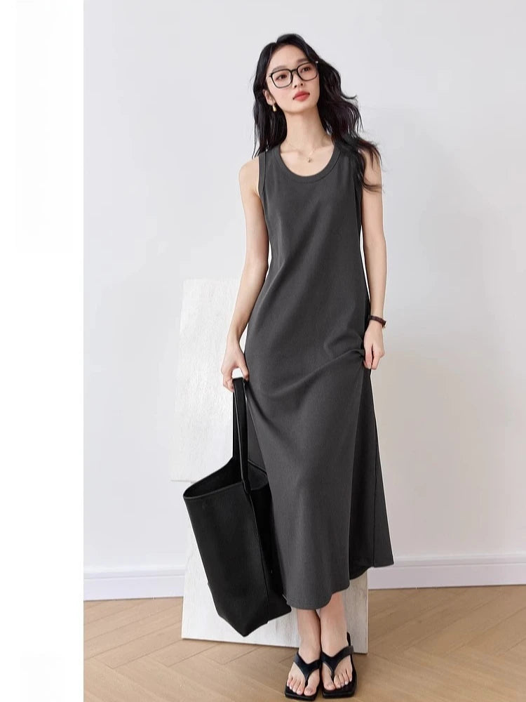 VIMLY Summer Tank Dresses 2025 Woman Simple Gray Cotton Blend Knitted Loose Sleeveless A Line Long Dress Women's Clothing M9852