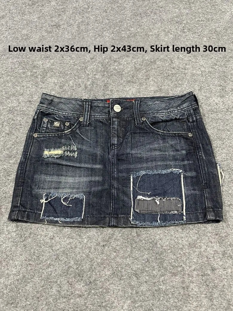 Sexy American Vintage Low Waist Denim  Skirt for Students Z4 Antiquing Y2K Trendy ort Skirt with Handmade Ripped And Fo...