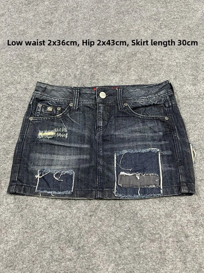 Sexy American Vintage Low Waist Denim  Skirt for Students Z4 Antiquing Y2K Trendy ort Skirt with Handmade Ripped And Fo...