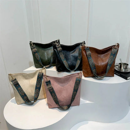 Women's retro large capacity Pu shoulder bag, fashionable crossbody bag, simple casual commuting bucket bag