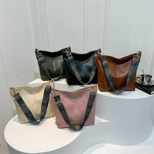 Women's retro large capacity Pu shoulder bag, fashionable crossbody bag, simple casual commuting bucket bag