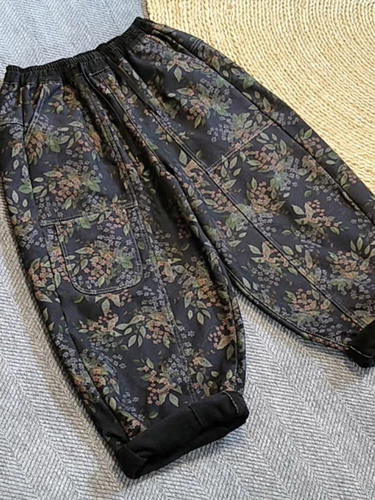 Amax LuluE Winter Casual Vintage Floral Jeans Womens Fashion Fur Denim Pants Ladies Classic Printed Warm Thicken Harem Trousers