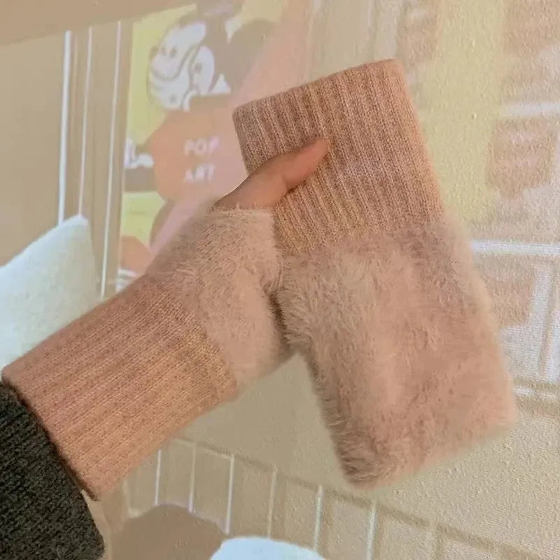 1pair Mink Fleece Soft Winter Half Finger Gloves Women Warm Plush Knitted Fingerless Gloves Girls Cute Wrist Mittens Writting