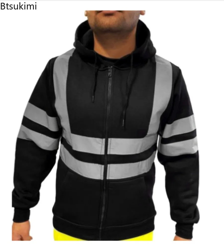 New Men's Reflective Strip Hoodie Jackets Spring Autumn Zipper Long Sleeve Fleece Sweatshirts High Visibility Night Work Jackets