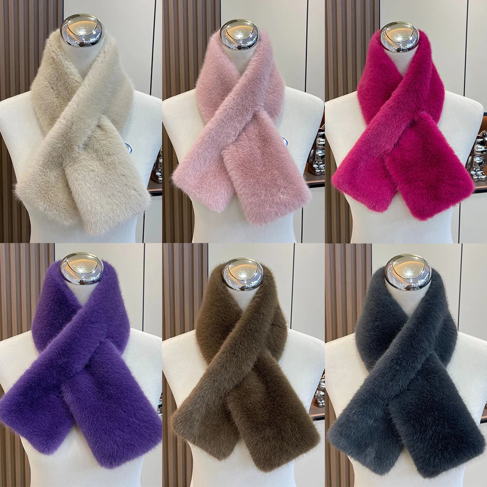 Plush Cross Women's Scarf Winter Thickened Soft Furry Neck Warmer Cute Solid Color Faux Rabbit Fur Scarf Women Collar Scarf New