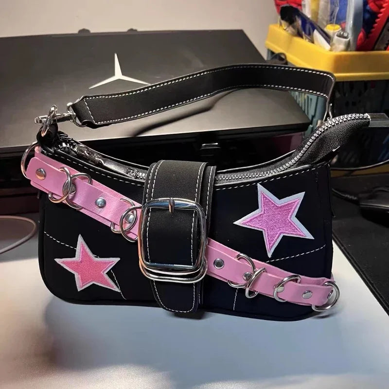 Y2k Fashion Women's Handbags Stars Pattern Cool Girls Underarm Bag Fashion Canvas Female Small Shoulder Bags Chain Tote Purses