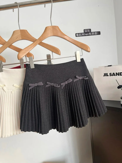 Women's Autumn/Winter Velvet Bow Solid Color Mini Short Skirt High Waist Sweet All match Elegant A-line Pleated Skirt 2024 New
