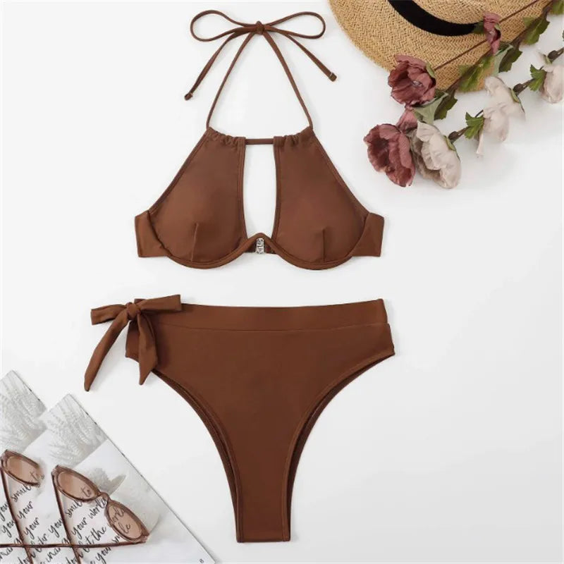 Brown High Waisted Bikini Set String Halter Swimwear Sexy Swimsuit Women Hollow Out Bathing Suit Push Up Bikinis 2026 Mujer