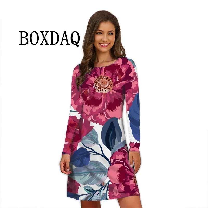 Flower Power Women Dress Retro Hippie 60s Elegant Long Sleeve Loose Dress Casual Fashion Oversized Autumn Woman Print Mini Dress