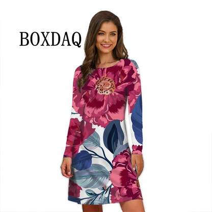 Flower Power Women Dress Retro Hippie 60s Elegant Long Sleeve Loose Dress Casual Fashion Oversized Autumn Woman Print Mini Dress