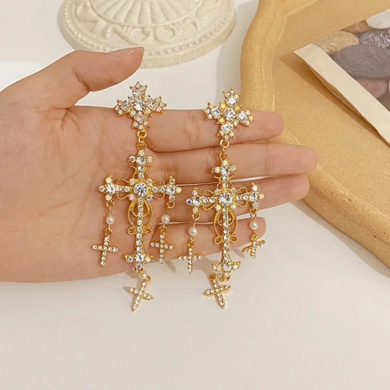 Korean Novel Trend Luxury Palace Style Silver Gold Crystal Pearl Crossed Dangle Earrings for Women Elegant Party Jewelry