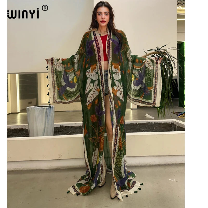 WINYI summer outfit kimono africa boho print beach cover up muslim dress cardigans beach wear women abaya dubai luxury kaftan