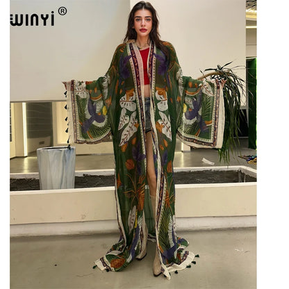 WINYI summer outfit kimono africa boho print beach cover up muslim dress cardigans beach wear women abaya dubai luxury kaftan