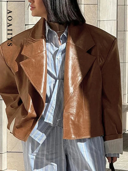 Aoaiiys Brown Jackets Women PU Leather Elegant Notched Collar Coat Buttons Long Sleeve Fashion Chic Outerwear Autumn Winter New
