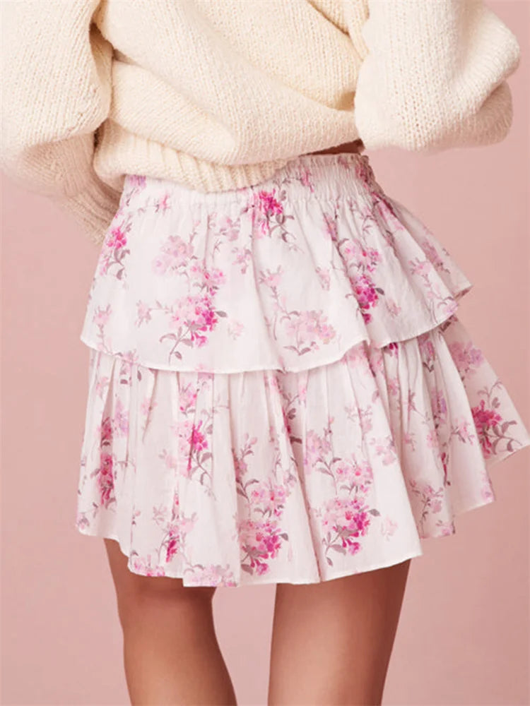 CHRONSTYLE Women Tiered Ruffle Short Mini Skirts Floral Print Elastic High Waist Floral Print Summer Retro Skirts 2024 Clubwear