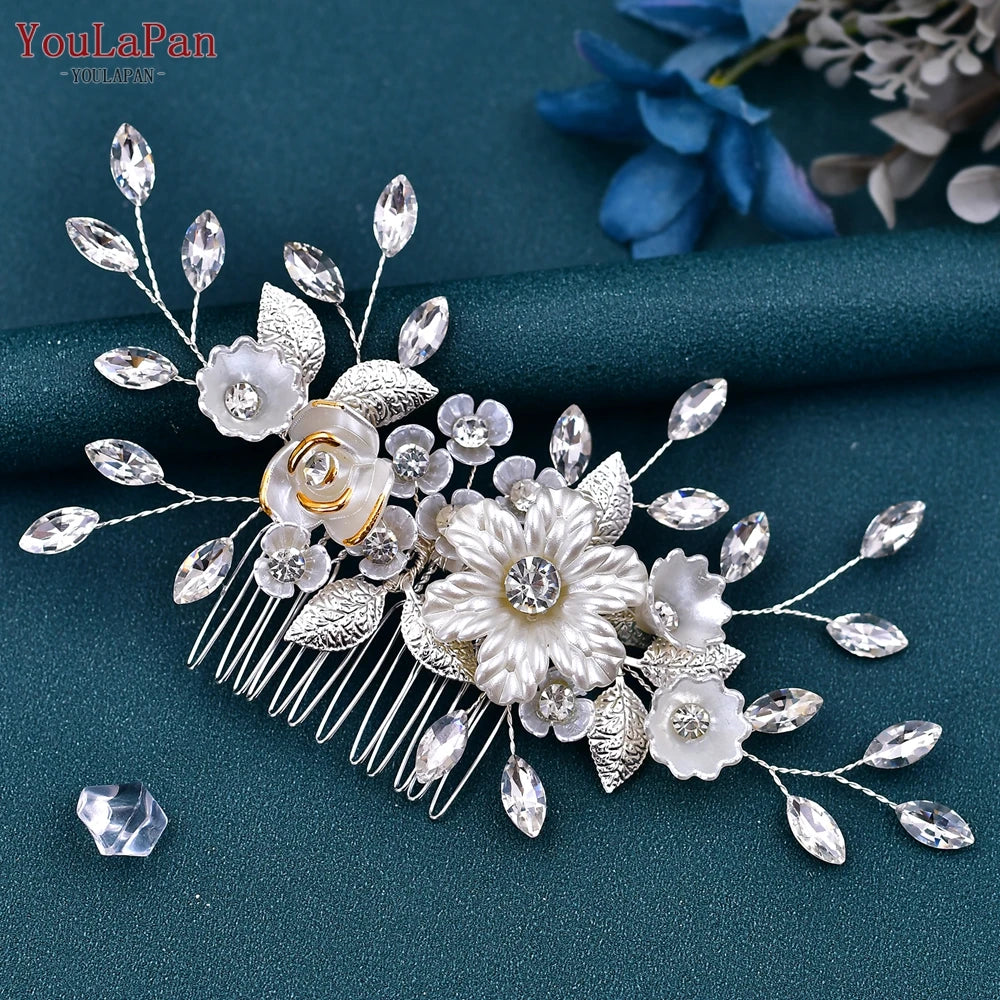 YouLaPan Crystal Leaves Hair Comb Bridal Wedding Hair Accessories Handmade Fashion Woman Rhinestone Flower Headwear HP621