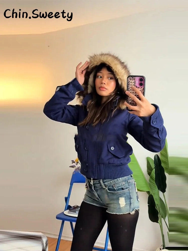 Vintage Women's Cropped Hooded Coats Fur Collar Full Sleeve Single Breasted Pocket Jacket 2025 Autumn Lady Y2K Warm Outwears New