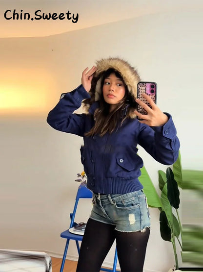 Vintage Women's Cropped Hooded Coats Fur Collar Full Sleeve Single Breasted Pocket Jacket 2025 Autumn Lady Y2K Warm Outwears New