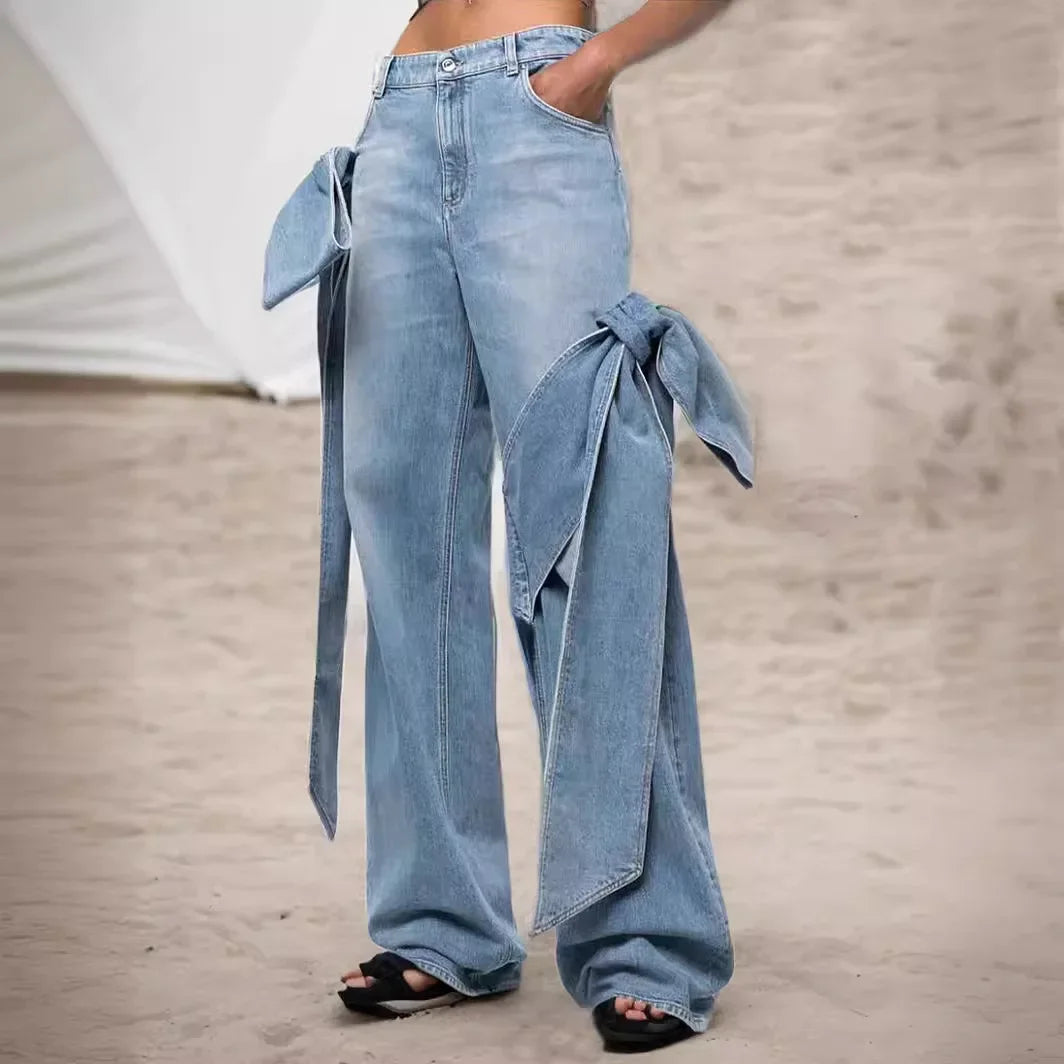 Jeans Women Denim Wide Leg Pants Floor Length Pant Bow High Waist Loose Casual Elegant Straight Trousers Y2k Mom Streetwear