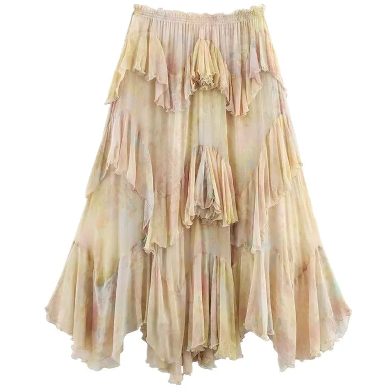 Summer 2025 Long Printed Layered Decorative Skirt Women's Faion Design High Waist Midi Skirt Floral Patterned Skirts