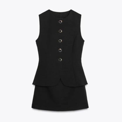 Casual Mini Dress Women Belt Slim Spring Summer O-neck Sleeveless Top Above Knee Skirt Sets Woman Vintage Fake Two Pieces Lady