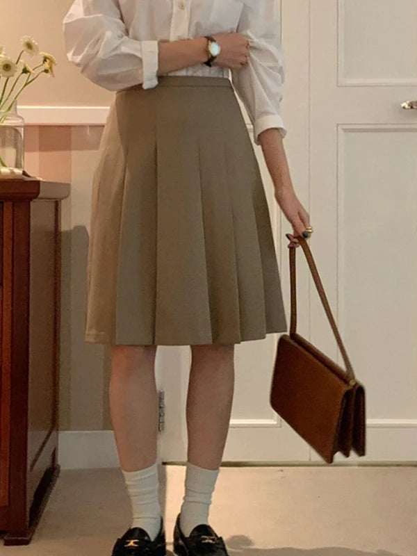 Khaki High Waist A-Line  Skirt Women's Spring Summer New Sle Slimming Small Size Pleated Skirt Commute Sle