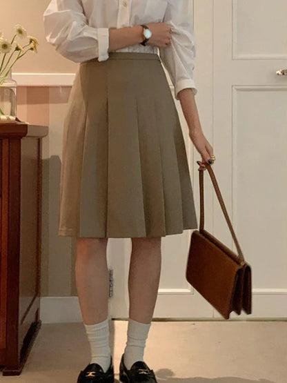 Khaki High Waist A-Line  Skirt Women's Spring Summer New Sle Slimming Small Size Pleated Skirt Commute Sle