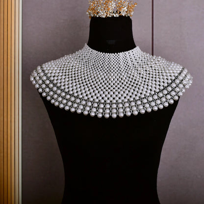 VG68 Pearls Necklace Beaded Neck Chain Bridal Covered Body Chain Women Accessories Off Shoulder Bolero Neck Chain Decoration