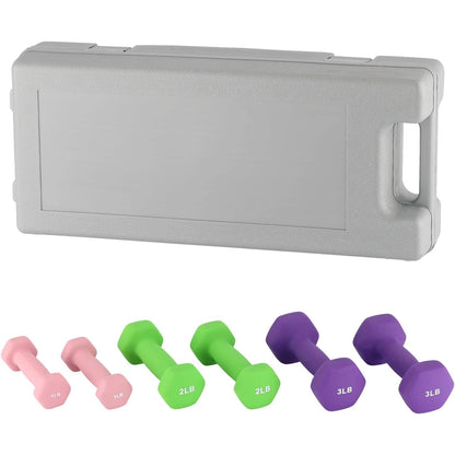 3 Pairs Non-Slip Anti-Roll Hex Dumbbell Set with Storage Box Neoprene Coated Plastic Steel Adjustable Dumbbells for Home Fitness