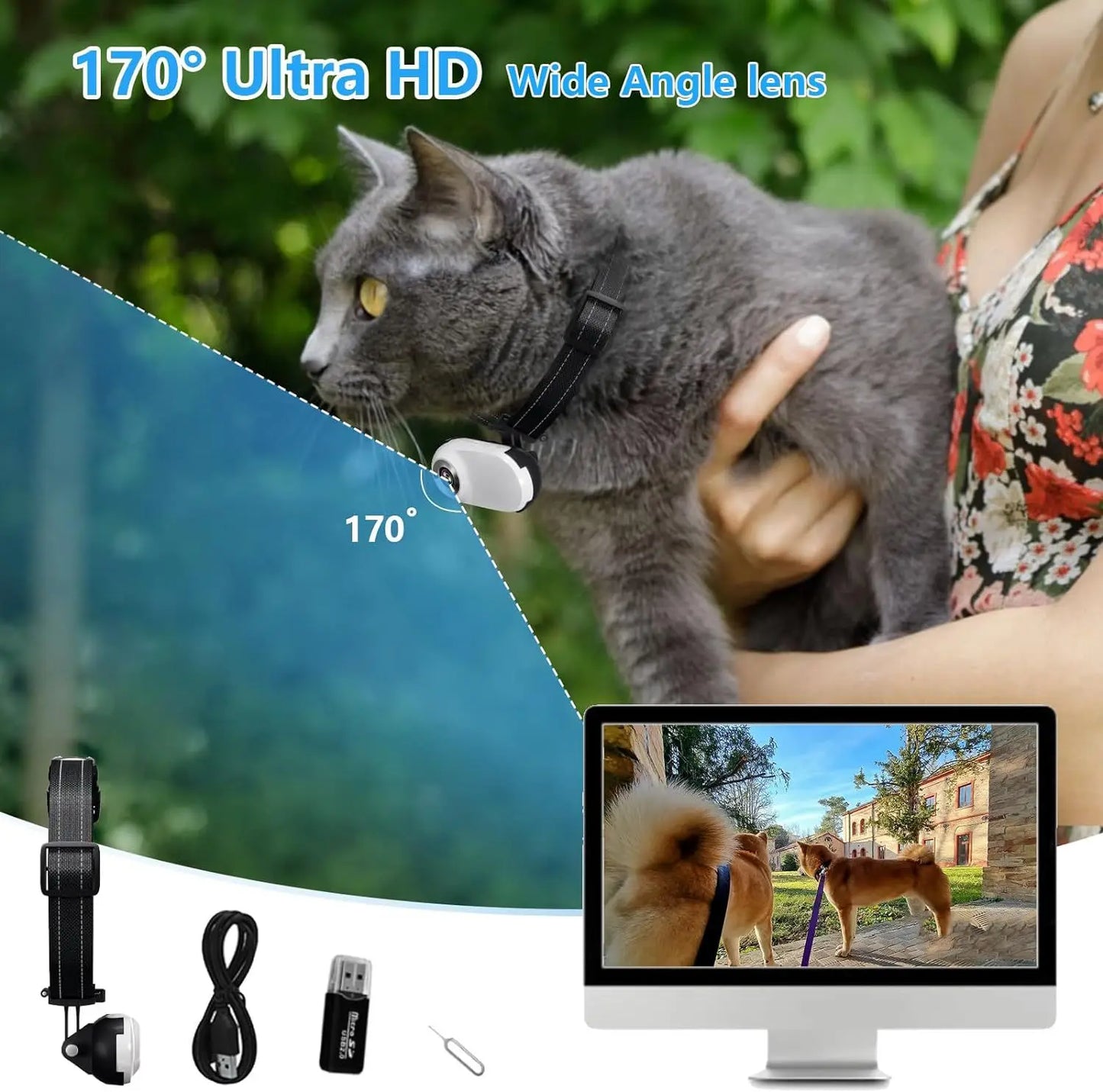 Action Camera Pet Collar Mini Camera Lightweight 0.96in HD Rechargeable Cam for Cat Outdoor Wide-angle Records Video Accessories