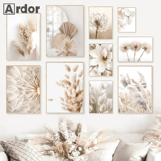 Nordic Beige Dandelion Painting Poster Reed Canvas Art Print Flower Posters Bunny Tail Grass Wall Art Picture Living Room Decor