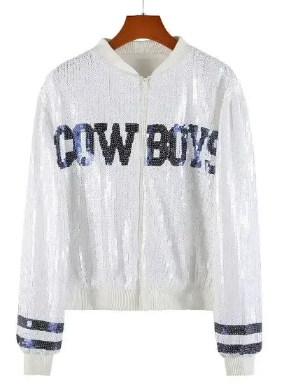 Autumn High Quality Letter Streetwear Sequined Long Sleeve Round Neck Loose Jacket Women Hip Hop Night Club Patchwork Coats