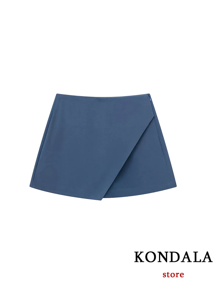 KONDALA Women Fashion 2025 Casual Mini Asymmetrical Skirts Shorts High Waist Back Pockets Wide Leg Skirts Zipper Female Shorts