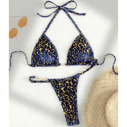 Sexy Leopard Velvet Bikini Mini Micro Thong Bikinis Women Swimwear Female Swimsuit Two-piece Bikini Set Halter Bathing Suit Swim
