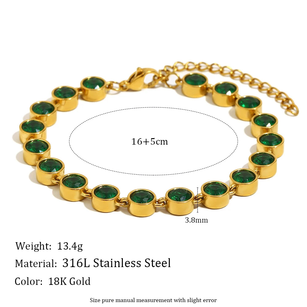 E.B.belle Stainless Steel Shiny Round Green/Clear Zircon Bracelet Chain 18K Gold Plated Women’s Hand Jewelry