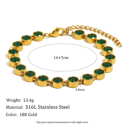 E.B.belle Stainless Steel Shiny Round Green/Clear Zircon Bracelet Chain 18K Gold Plated Women’s Hand Jewelry