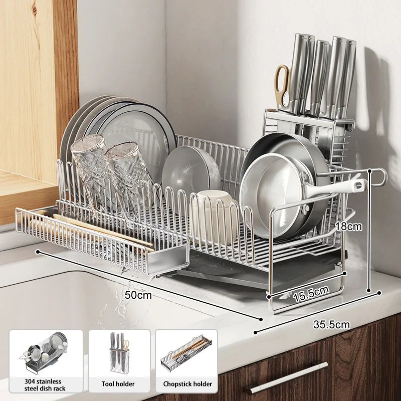 Dish Drying Rack with Drainboard, Dish Rack for Kitchen Counter, Dish Drainer Rack with Utensil Holder, Kitchen Organization