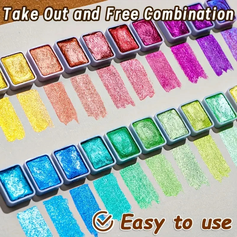 20/24/60/72-Color Pearlescent Watercolor Paint- Intense Sparkle, Professional Coverage, Light Fastness - Glitter Solid Pigments