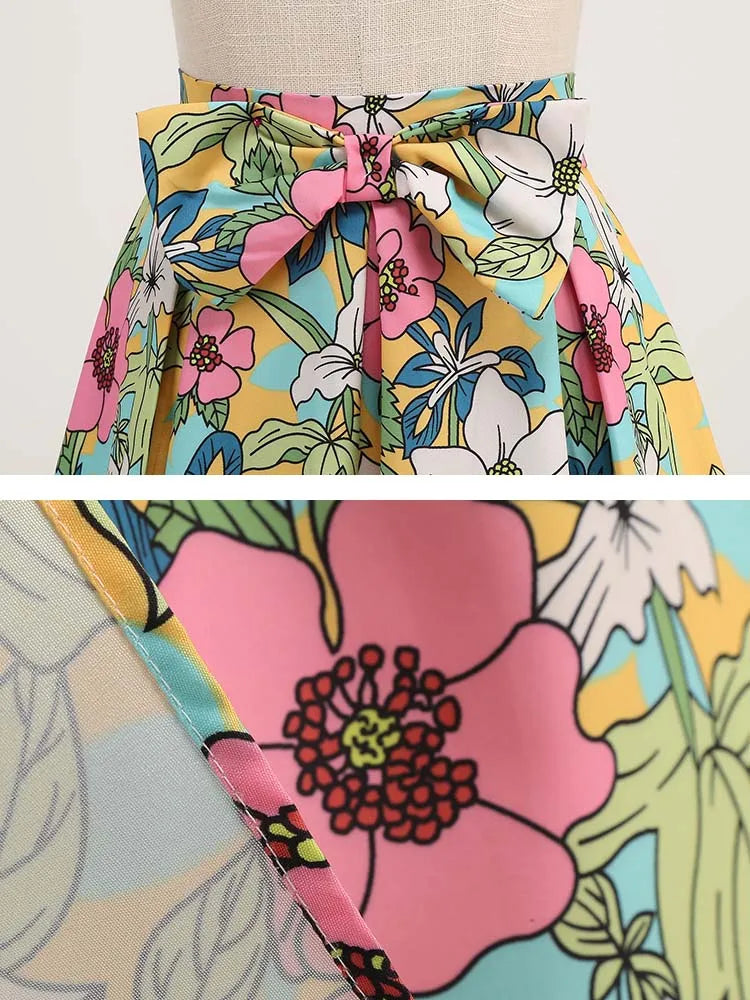 50s Vintage Women Skirt High Waist Floral Print Pleated Midi Retro Summer Swing Holiday Skirts