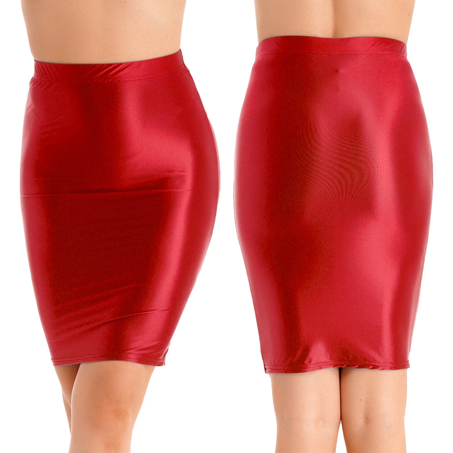 Womens Ladies Pencil Skirt Glossy Rave Party Clubwear Fashion Stretchy Casual Solid Color High Waist Bodycon Mini Skirts