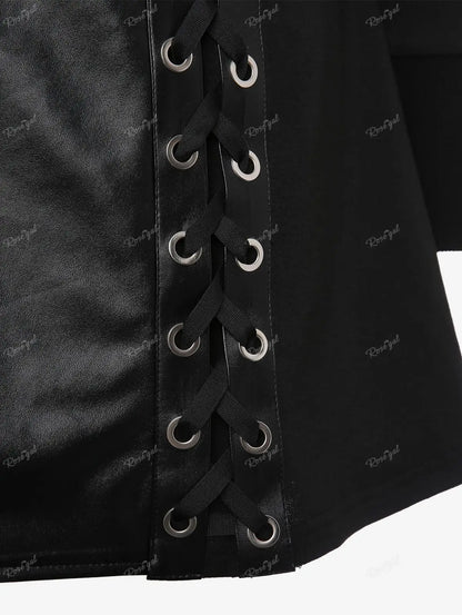 ROSEGAL Plus Size Gothic PU Panel Hooded Coats Black Slim Outwear Turn-down Collar Lace Up Braided Grommet Side Zip Jacket Coat