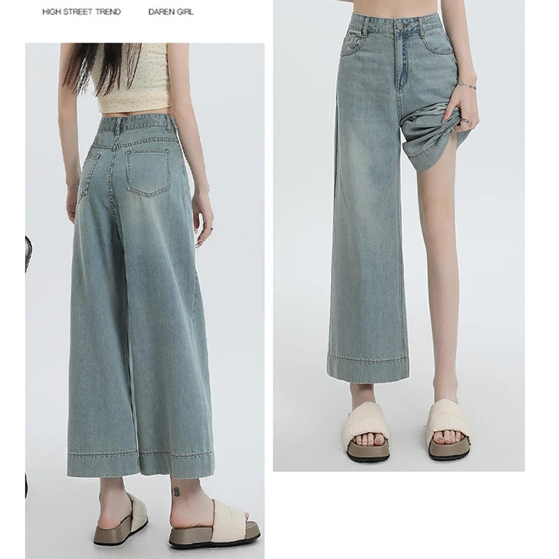 New 2025 Summer Jeans For Women Wide Leg Loose Denim Ankle-Length Pants Korean Fashion Streetwear Washed Blue Color Jeans Woman
