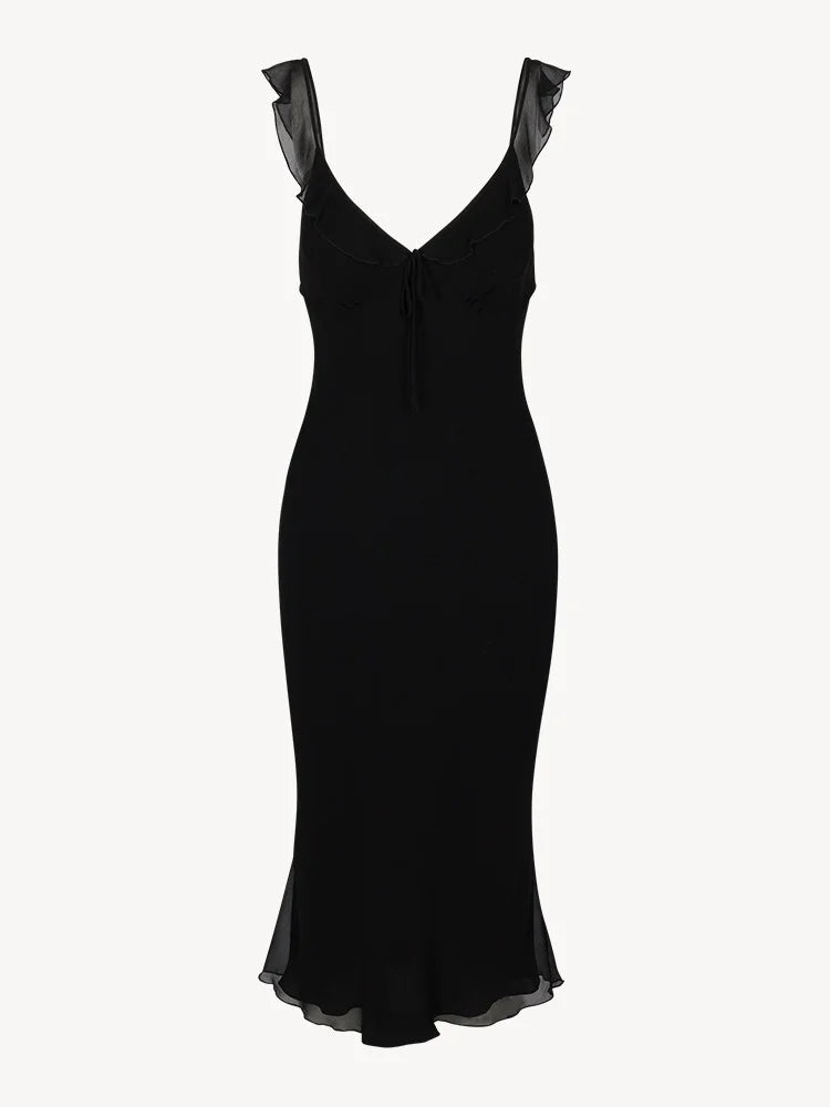 2024 Summer New Homemade Misty Elegant Gentle Sexy Style Flower V-neck Low cut Diagonal Cut Silk Dress
