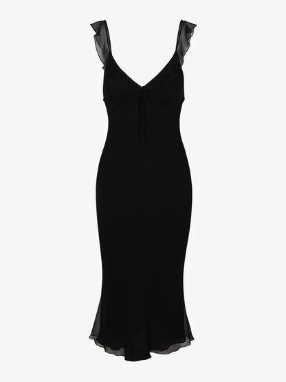2024 Summer New Homemade Misty Elegant Gentle Sexy Style Flower V-neck Low cut Diagonal Cut Silk Dress