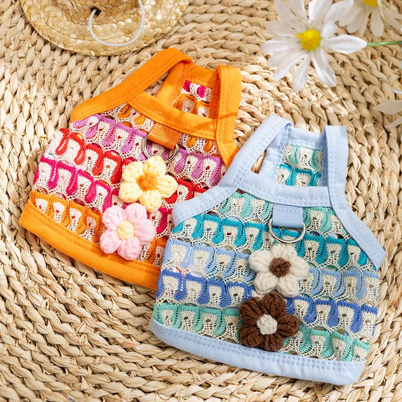 Pet Clothing for Dogs in Spring Including Hollow-out Floral Dresses Dog Collars Cat Vests and Pet Skirts Puppy Clothes