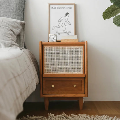 Rattan Weaving Bedroom Furniture, Bedside Table, Multifunctional Small Side Storage Cabinet, Solid Wood Night Stand Customized