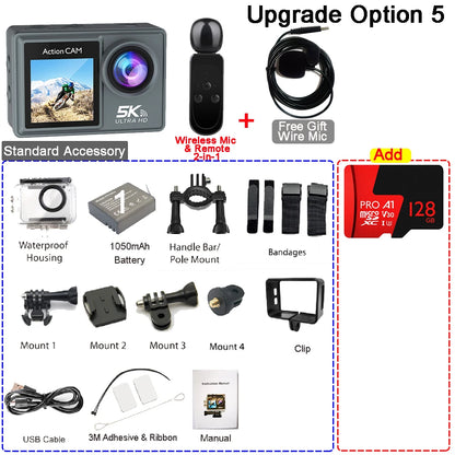 Action Camera 5K 4K60FPS Dual IPS Touch LCD EIS 170° 30M Waterproof 5X Zoom Sport Camera Optional Wireless Mic & Remote Control