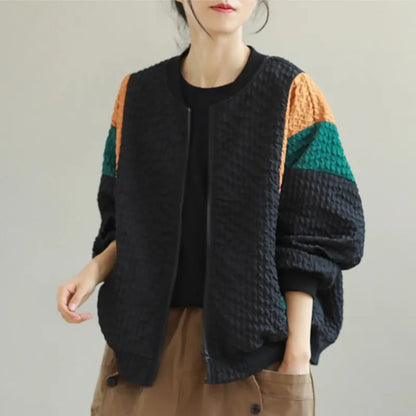Johnature 2025 Autumn And Winter Woman New Fashion Loose Zipper O-Neck Jacket Splicing Long Sleeves Contrast Casual Jacket