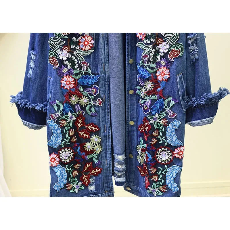 Spring Autumn Loose Vintage Flower Embroidered Denim Jacket Women Single-breasted Casual Raw Fringe Hole Jeans Jackets Female