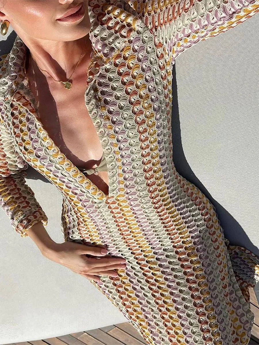 2024 New Fashion Women's Summer Crochet Long Dress Deep V-Neck Long Sleeve Thigh Slit Slim Beach Dress